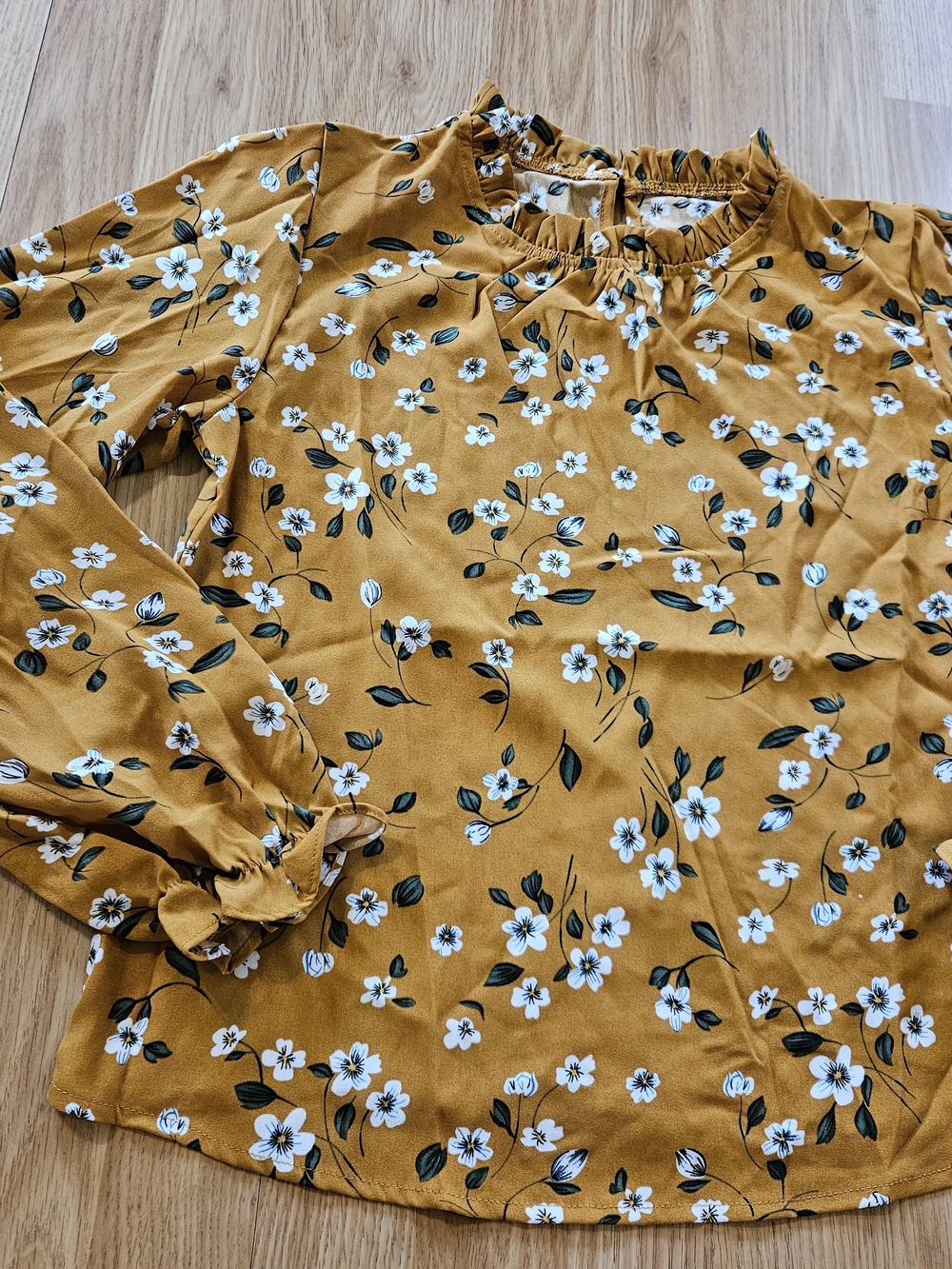Mustard Floral Long-Sleeve Blouse W/ Ruffle Neck And Sleeves - Picture 2 of 9